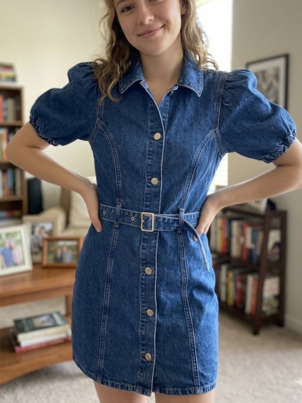 TopShop Womans Youth Blue Denim Mini Dress Short Puff Sleeves Button Down Front